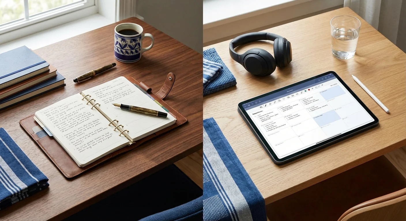 Two different organized desk setups side-by-side representing different planning styles.
