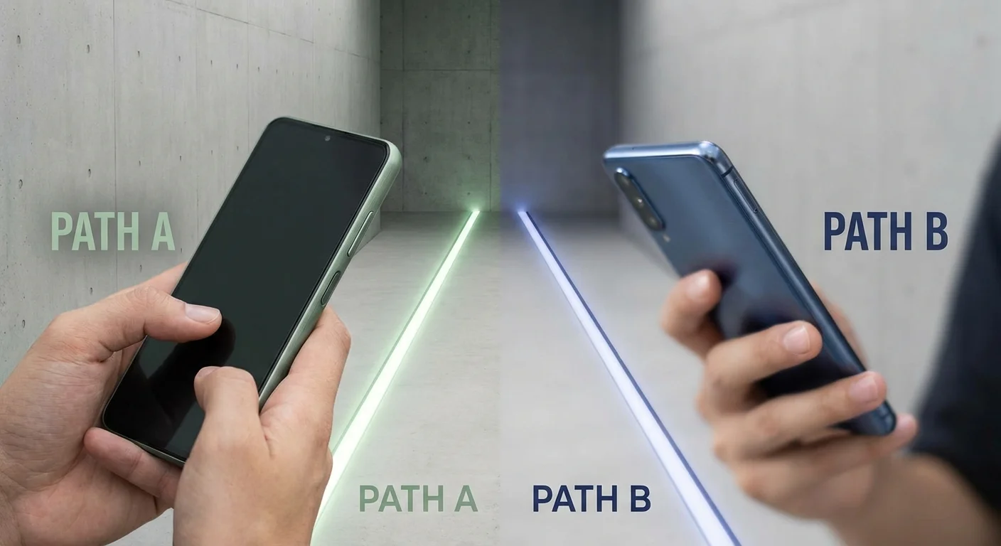 Two hands holding smartphones side by side, suggesting a comparison between two options.