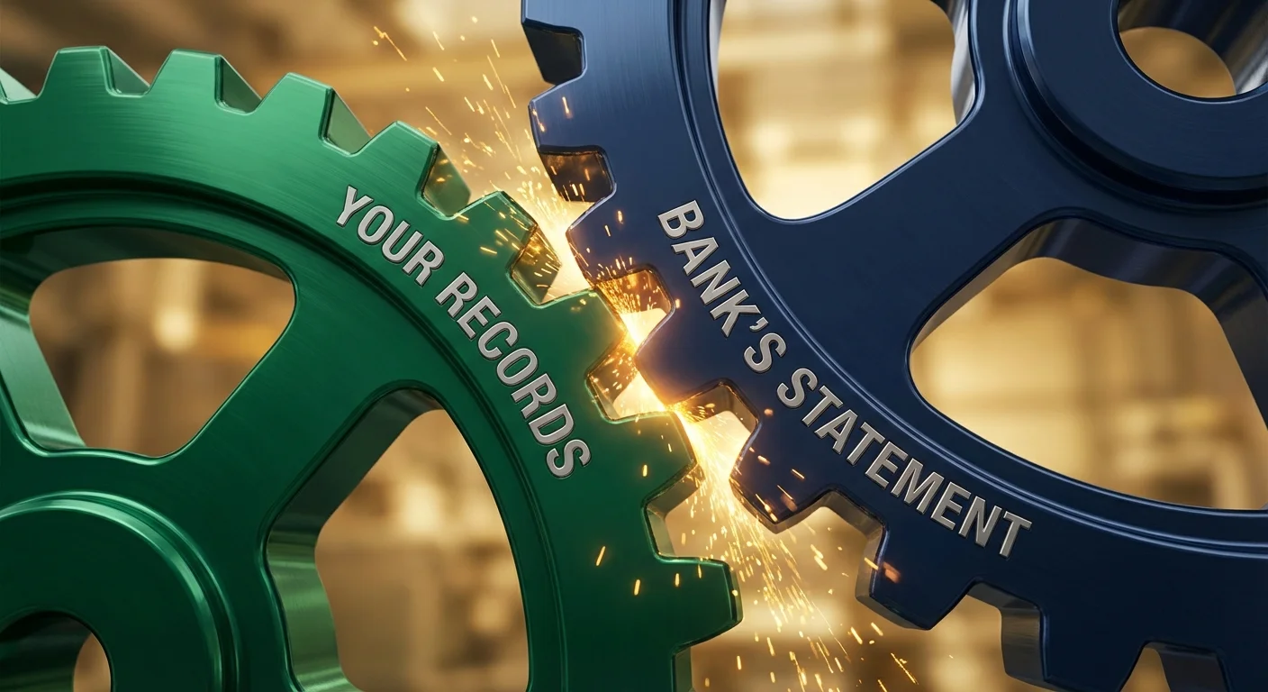 Two interlocking 3D gears in green and navy, representing the reconciliation process.