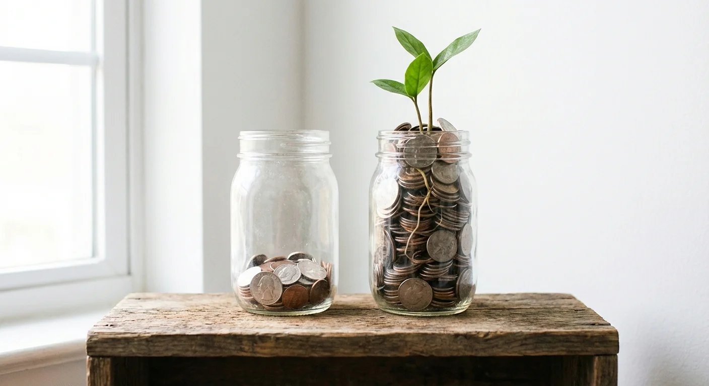 Two jars side-by-side, one with more coins and a plant, illustrating the difference in growth.