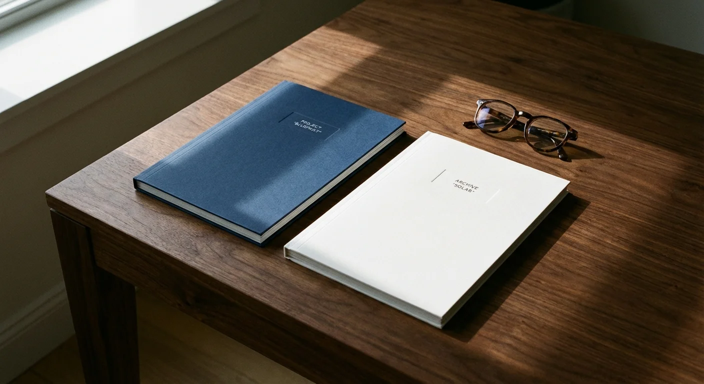 Two organized folders, one navy and one white, sitting on a wooden desk with glasses.
