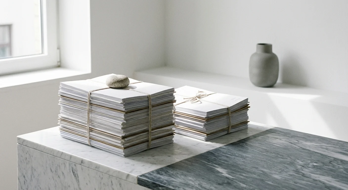 Two organized stacks of paper on a marble surface, representing a comparison.