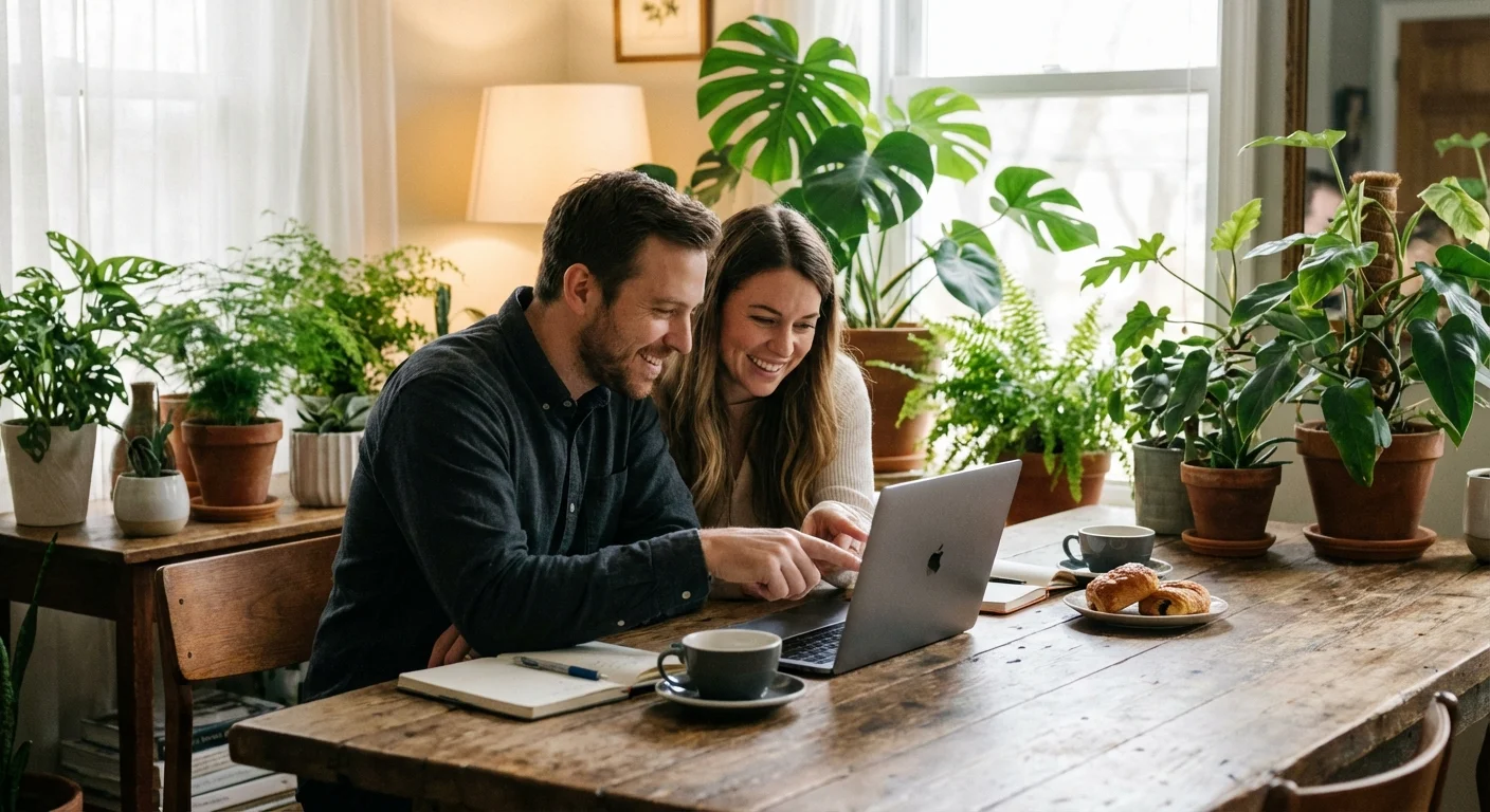 Two people collaborating over a laptop in a bright, warm room.