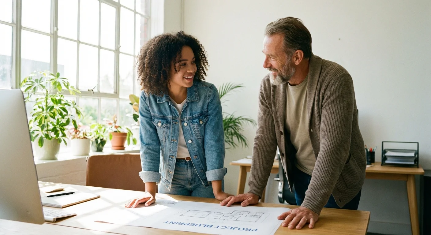 Two people discussing financial documents in a supportive, professional environment.