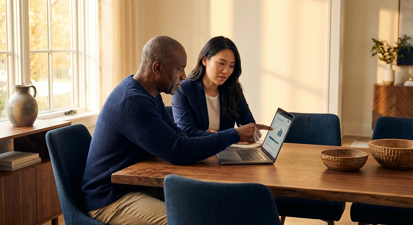 Two people discussing information on a laptop screen at a table.