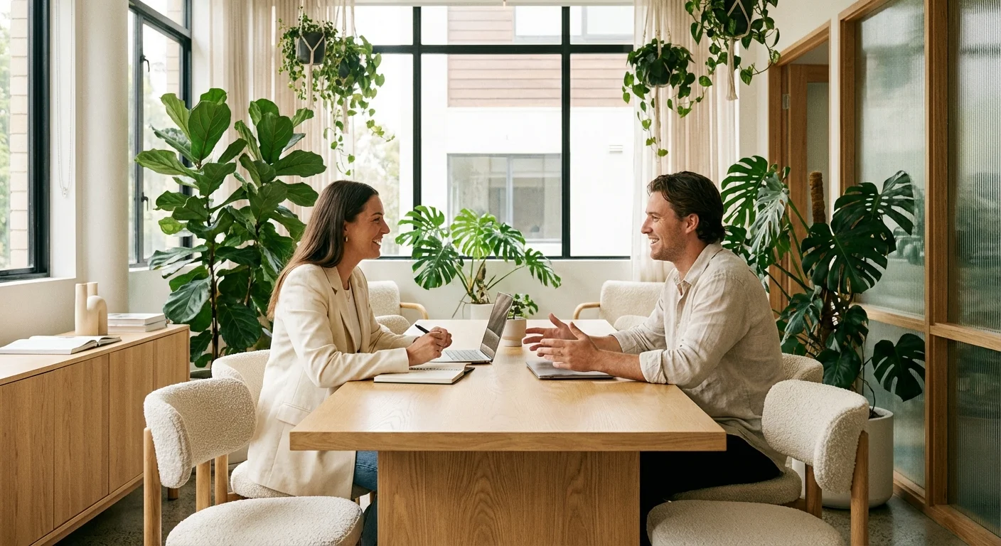 Two people having a friendly professional meeting in a bright, modern office.