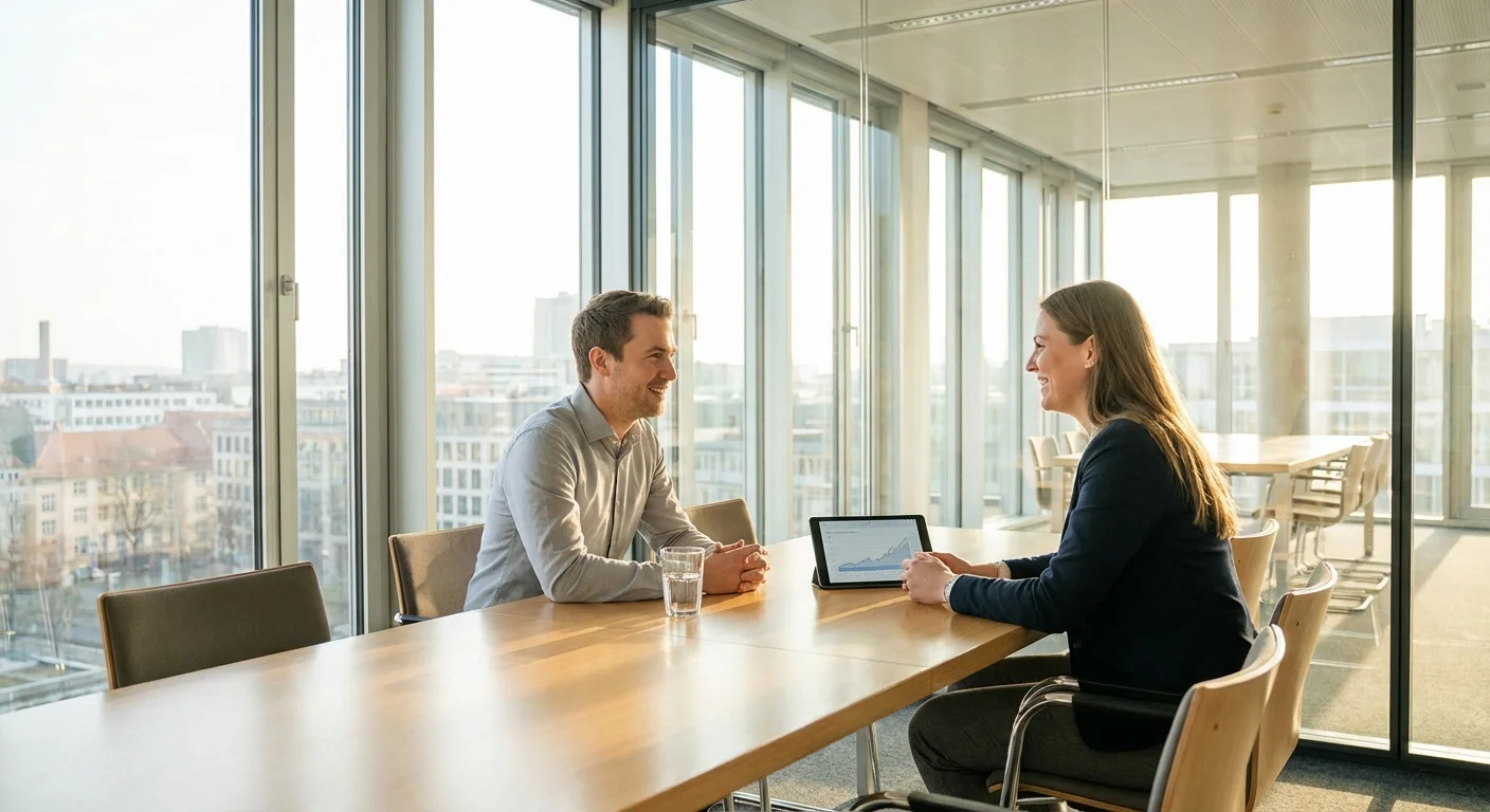 Two people having a professional meeting in a bright, modern office setting.