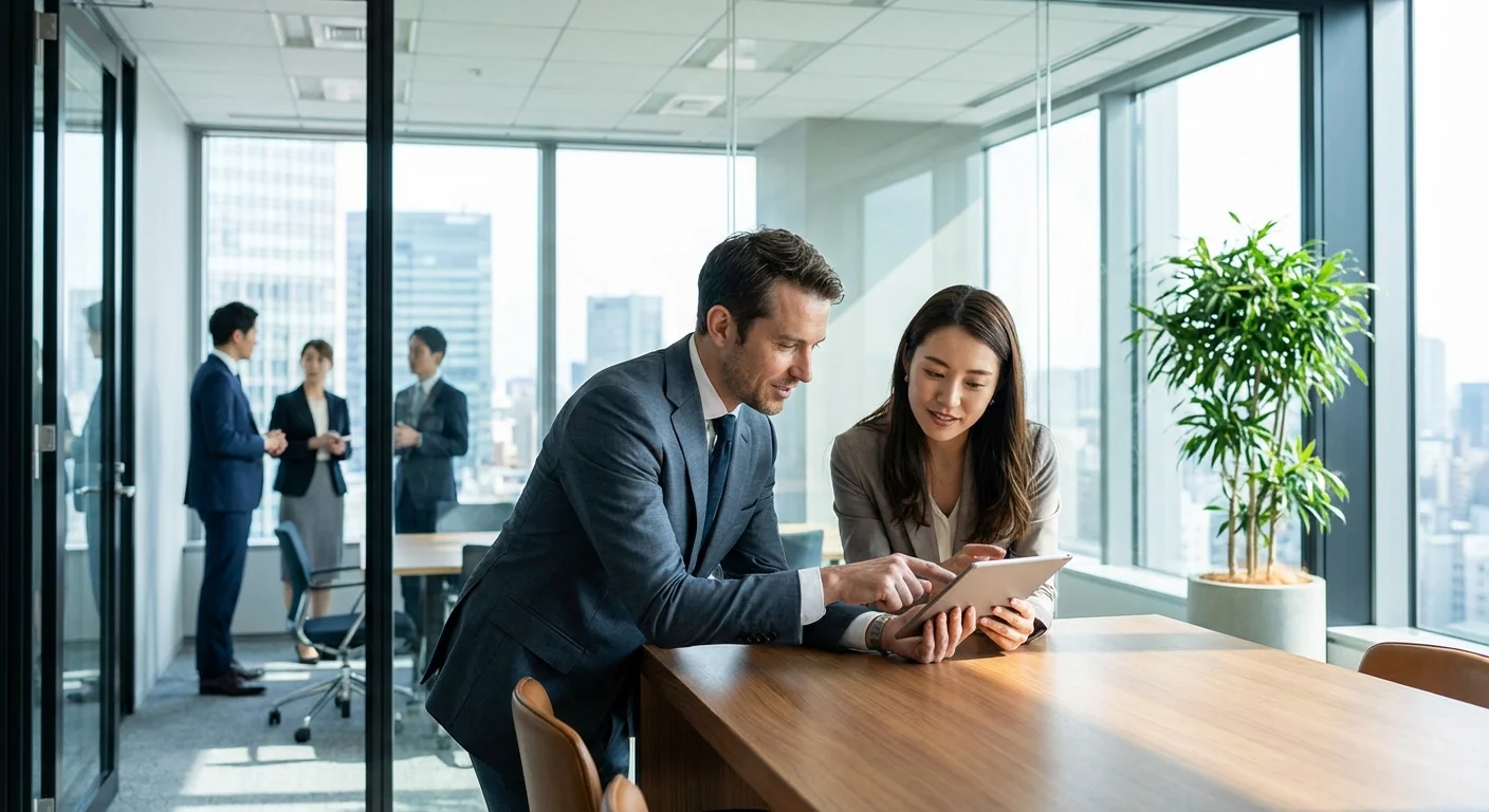 Two people having a professional meeting in a bright office.