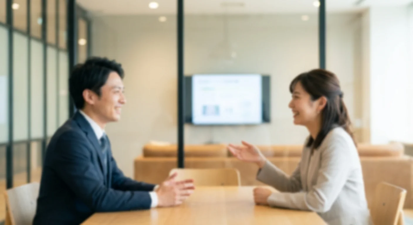 Two people having a professional meeting in a bright office.