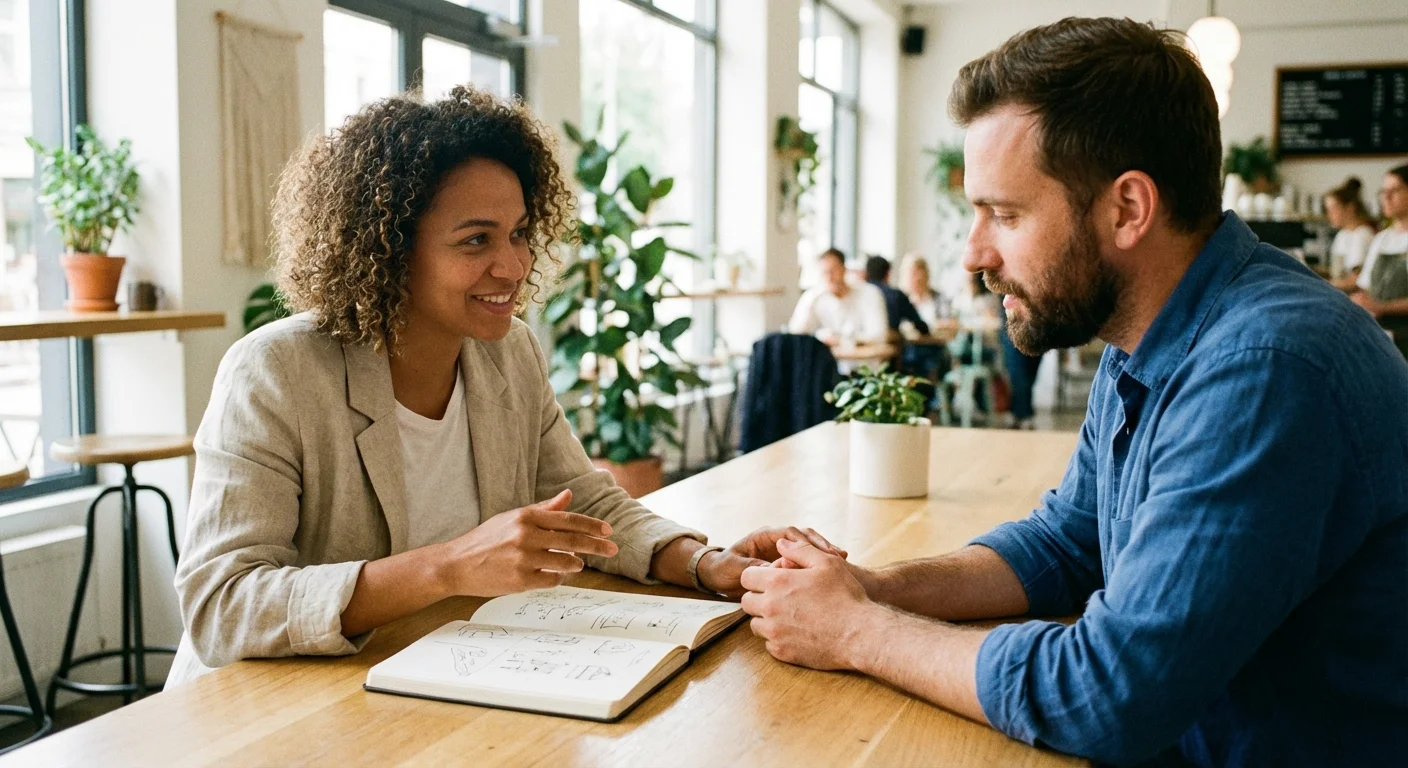 Two people having a professional, trusting conversation in a bright office setting.