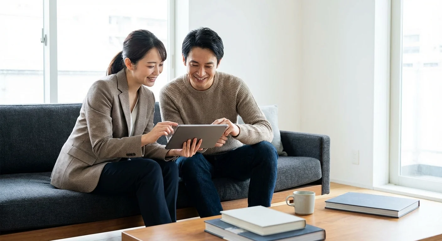 Two people having a serious but calm discussion over a tablet in a living room.