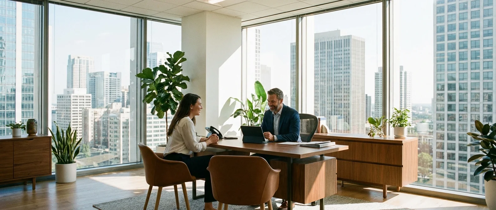 Two people in a professional setting looking at a tablet together, representing financial advice.