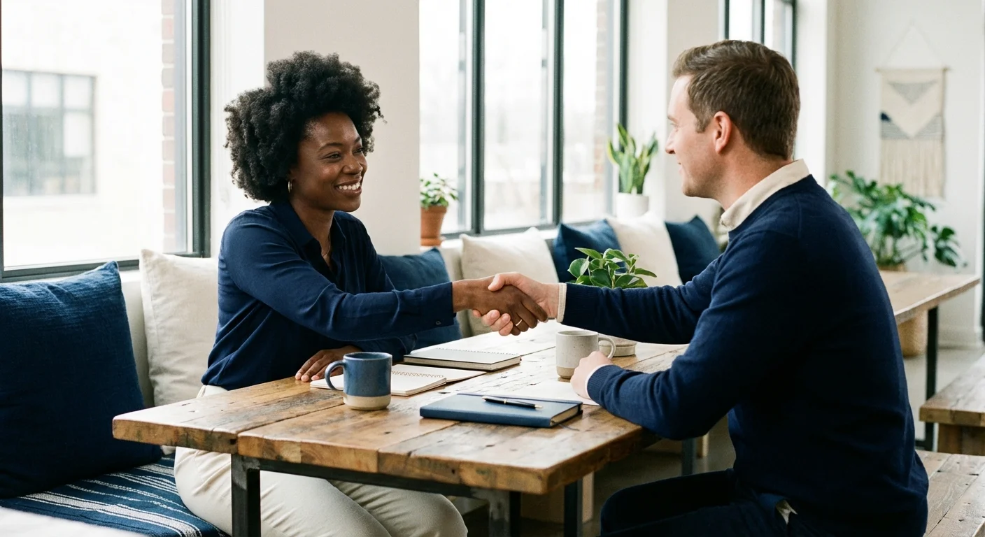 Two people shaking hands in a bright, modern community-focused financial institution.