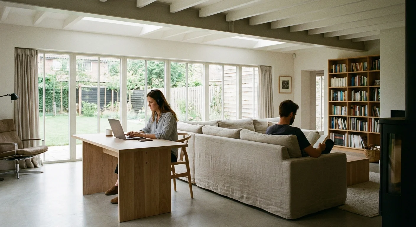 Two people working independently in a shared, modern living space.