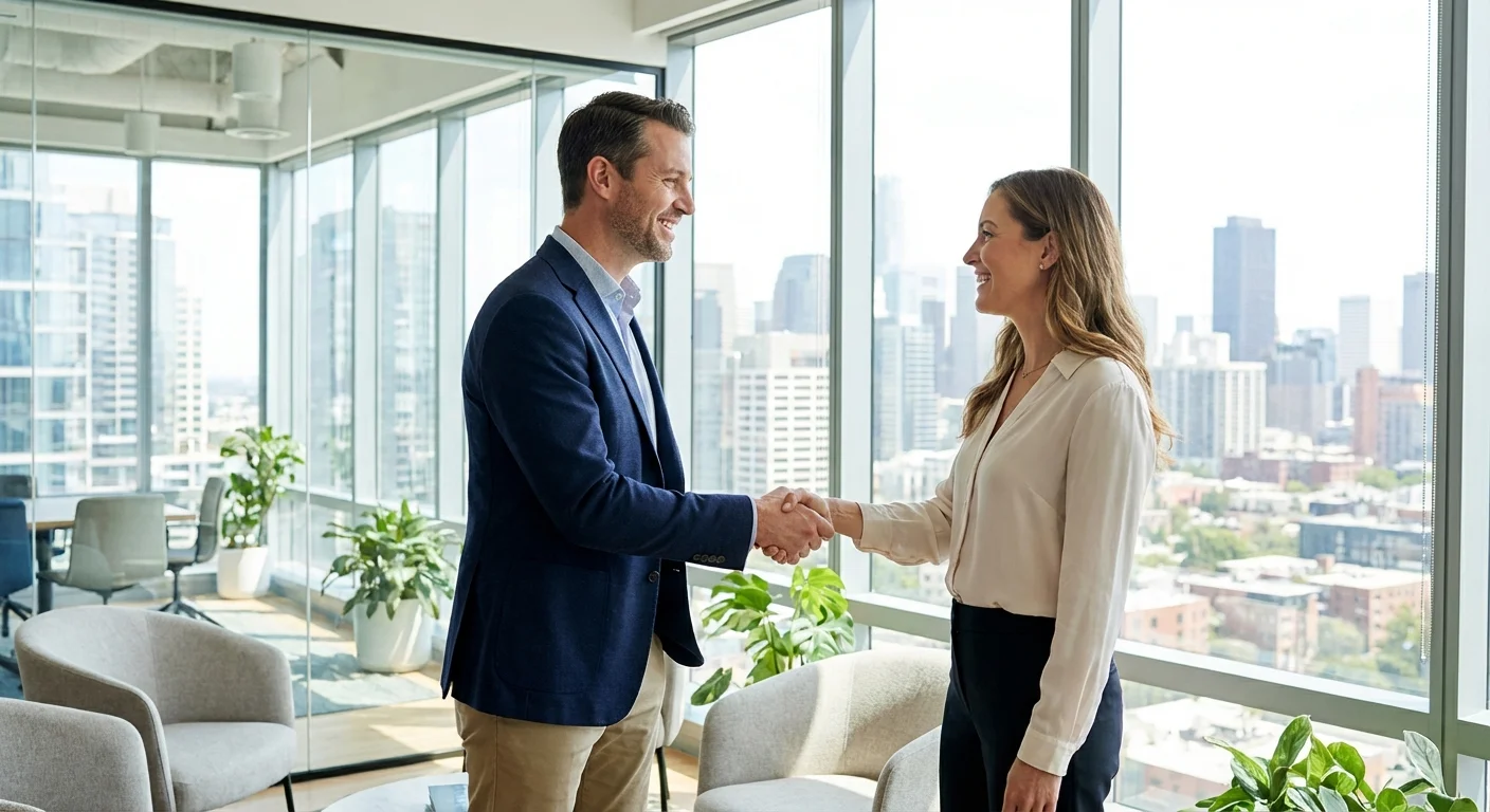 Two professionals engaged in a calm, strategic conversation in a modern office lounge.