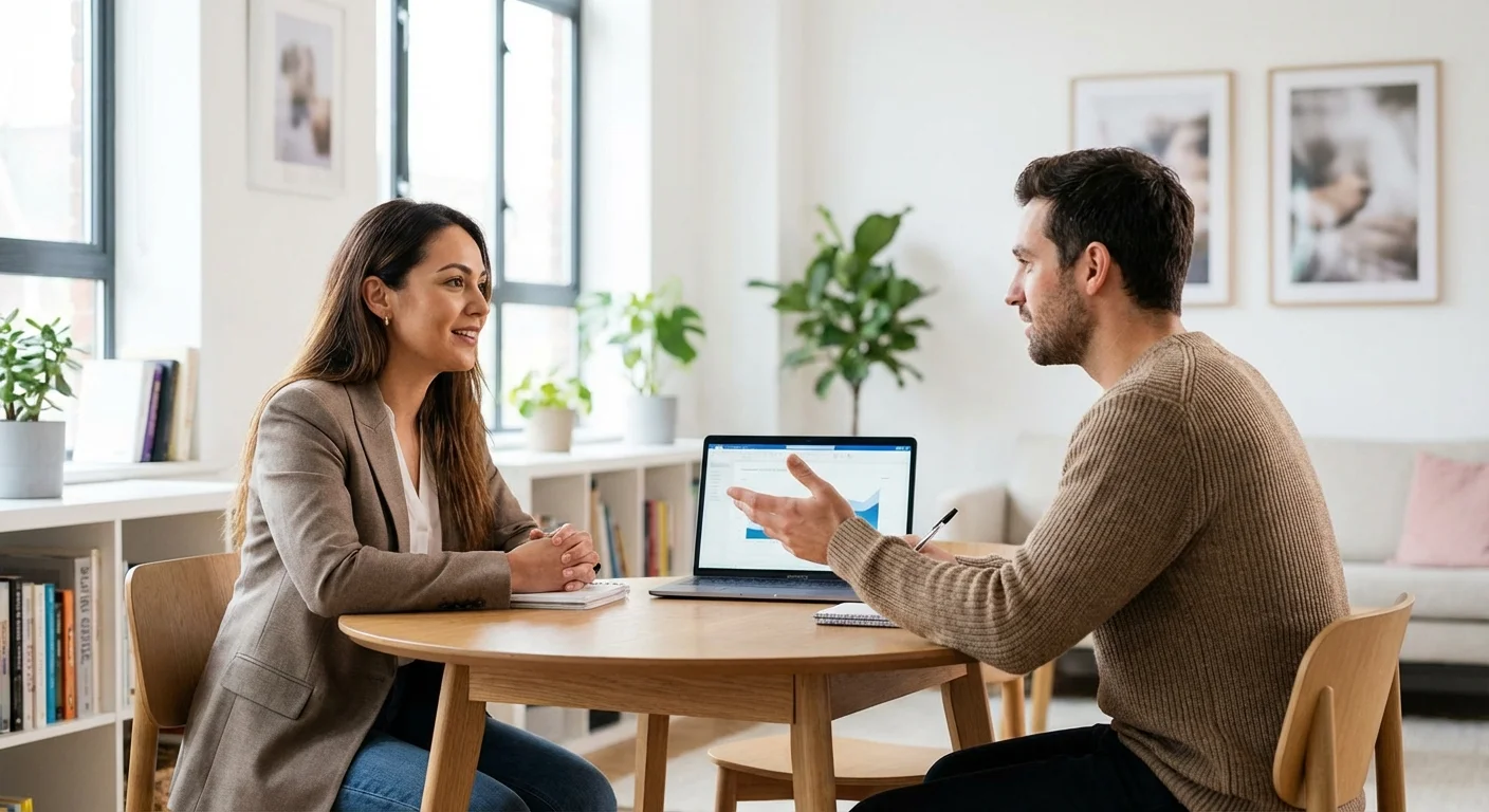 Two professionals having a meeting in a bright, modern office space.