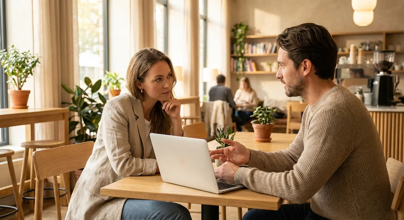 Two professionals having a mentorship discussion in a bright, modern cafe.