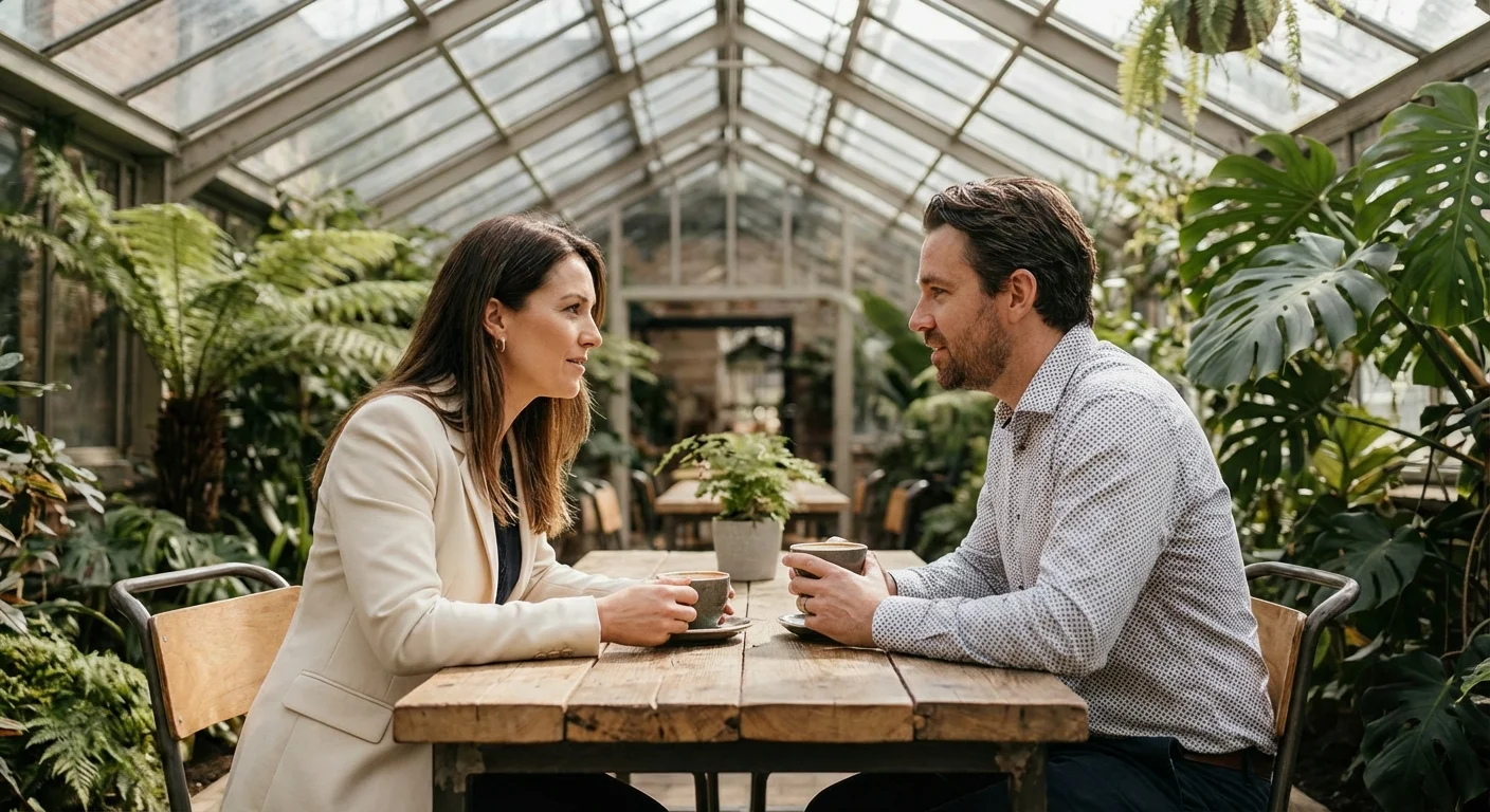 Two professionals having a mentorship meeting in a bright, plant-filled atrium.