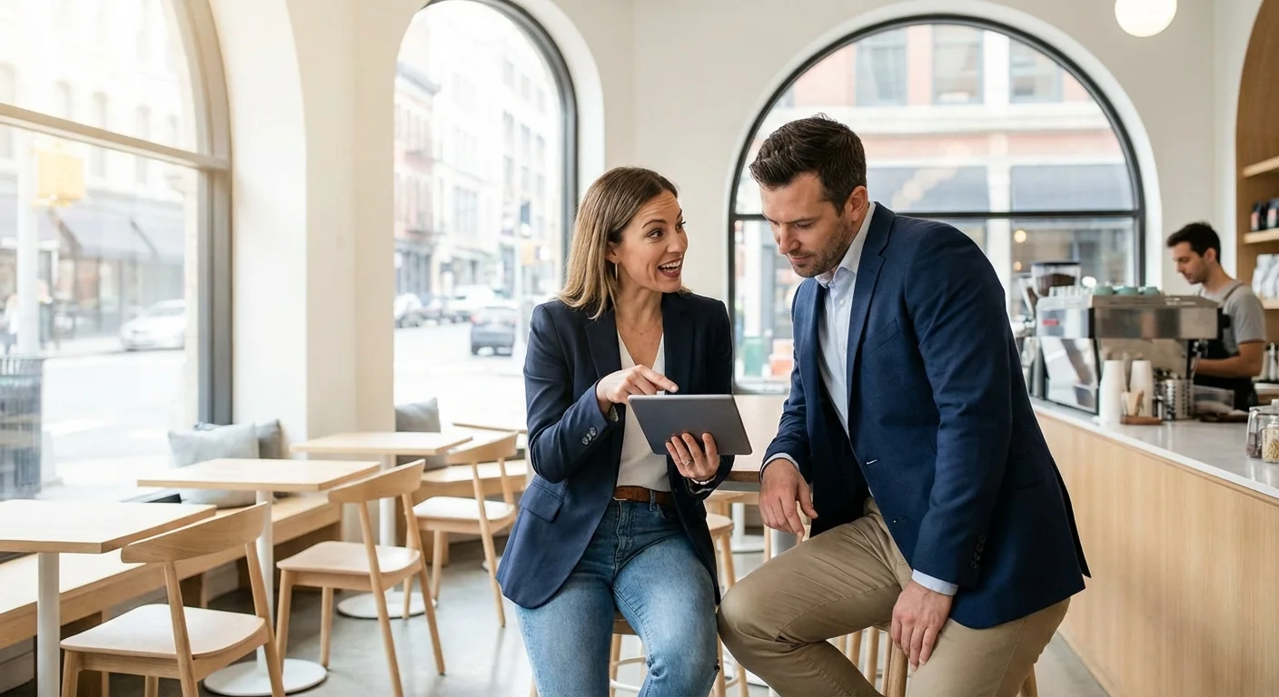 Two professionals having a positive networking meeting in a bright, modern cafe.