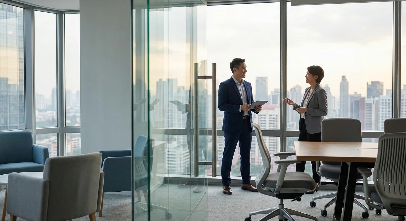 Two professionals having a serious conversation in a modern office.