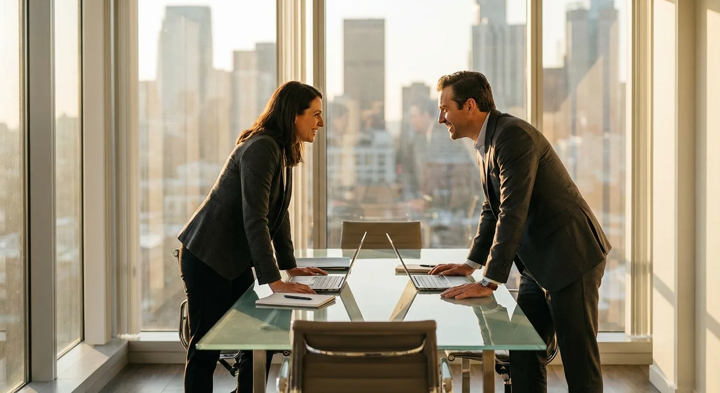 Two professionals having a serious discussion in a glass-walled office.