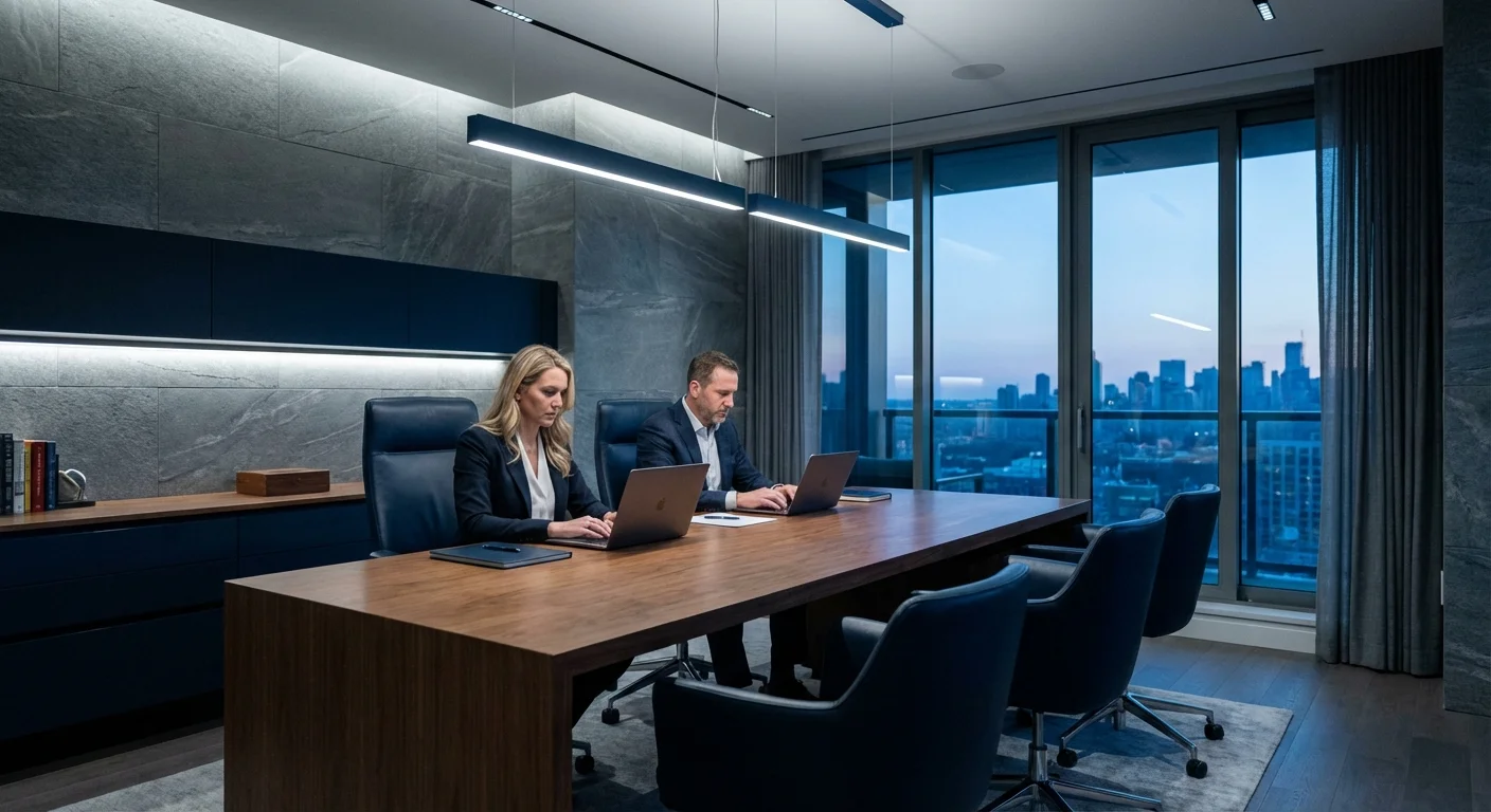 Two professionals work side-by-side in a sleek, high-end home office.