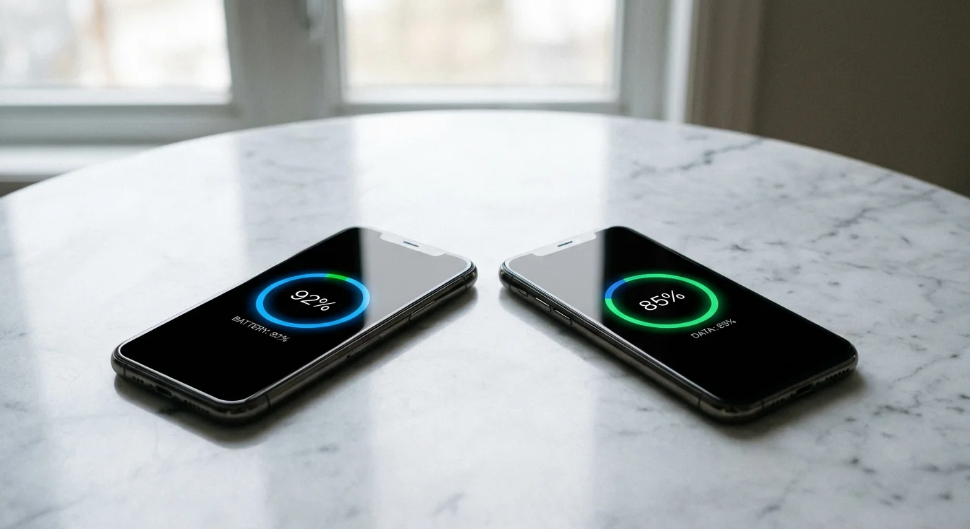 Two smartphones side-by-side showing different credit score gauges on a marble table.