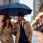 A couple walking together under a large navy umbrella in a light rain shower.