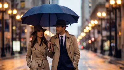 A couple walking together under a large navy umbrella in a light rain shower.