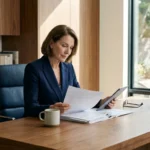 A person reviewing financial documents in a bright, modern home office.