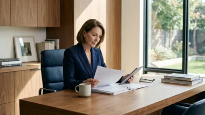 A person reviewing financial documents in a bright, modern home office.
