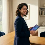 A woman in a modern office looking at financial data on a tablet, representing credit score management in 2026.