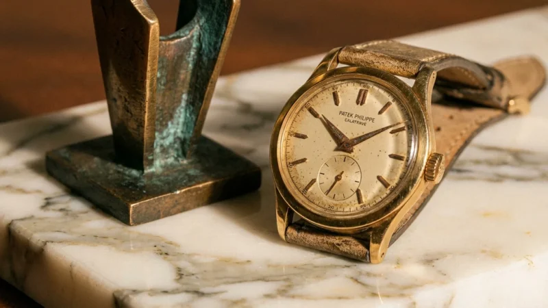 Vintage gold Patek Philippe Calatrava watch with leather strap displayed on a marble surface