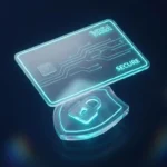 A stylized 3D glowing virtual credit card floating above a digital shield on a dark navy background.