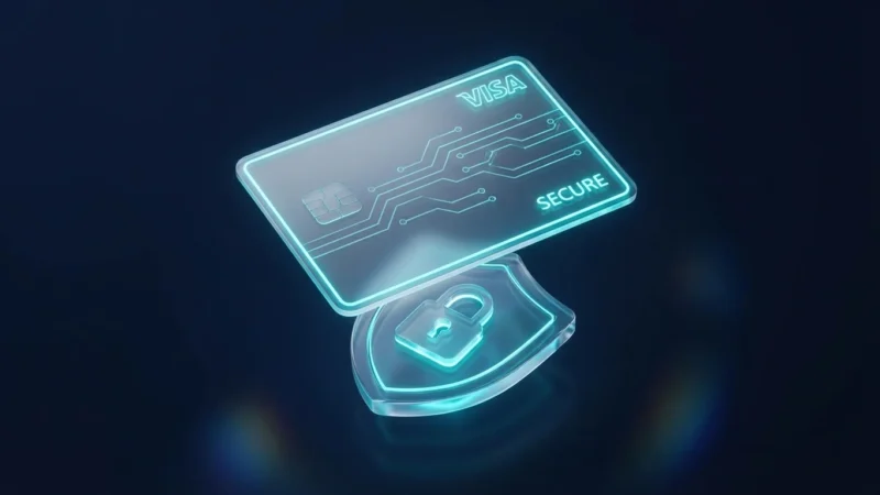 A stylized 3D glowing virtual credit card floating above a digital shield on a dark navy background.