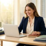 A professional woman smiling while working on her taxes in a bright, modern home office.