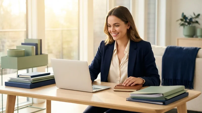 A professional woman smiling while working on her taxes in a bright, modern home office.