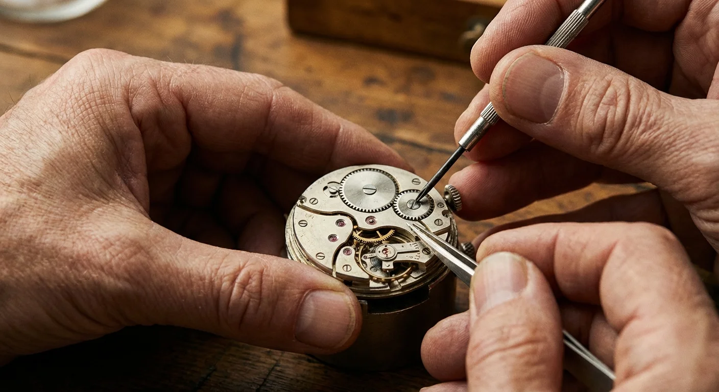 Close-up of human hands performing intricate mechanical work with high precision.