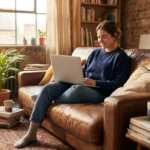 A young adult relaxing in a sunlit, well-decorated studio apartment with a laptop and plants.