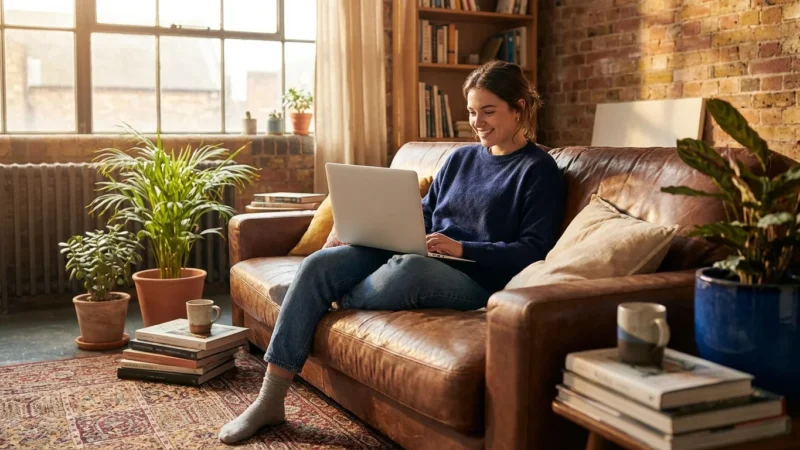 A young adult relaxing in a sunlit, well-decorated studio apartment with a laptop and plants.
