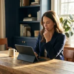 A woman in a modern home office looking thoughtfully at a digital tablet.