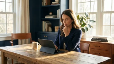 A woman in a modern home office looking thoughtfully at a digital tablet.