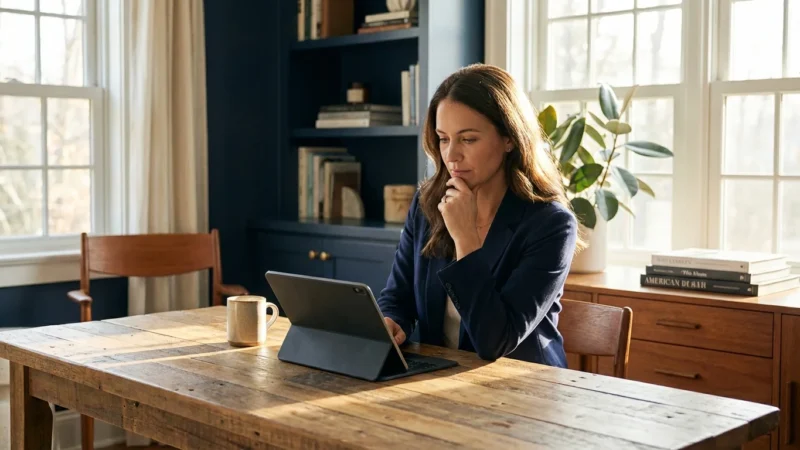 A woman in a modern home office looking thoughtfully at a digital tablet.