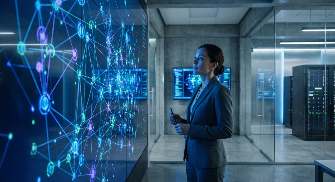 A professional analyzing data visualizations on a large screen in a modern office.
