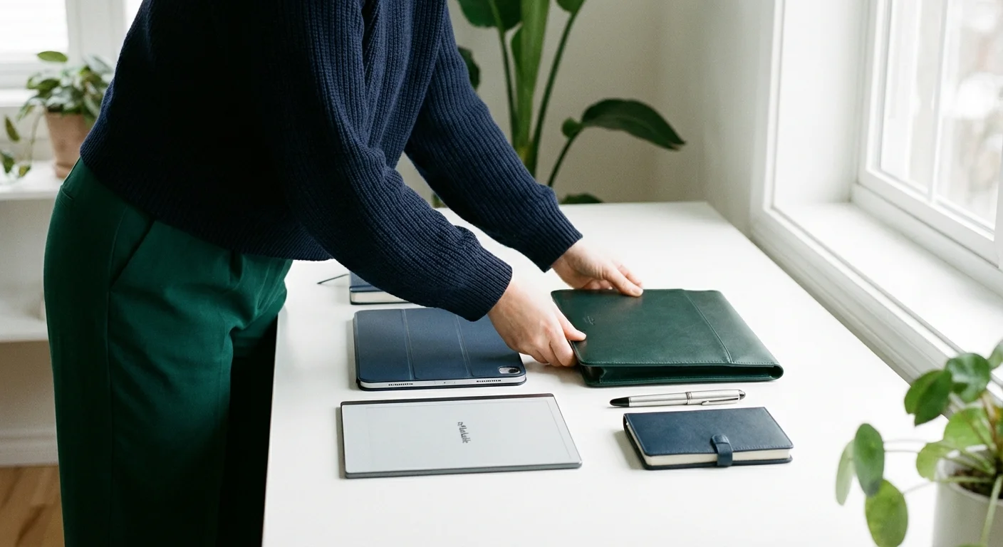 A woman organizes her professional portfolio at a minimalist white desk.