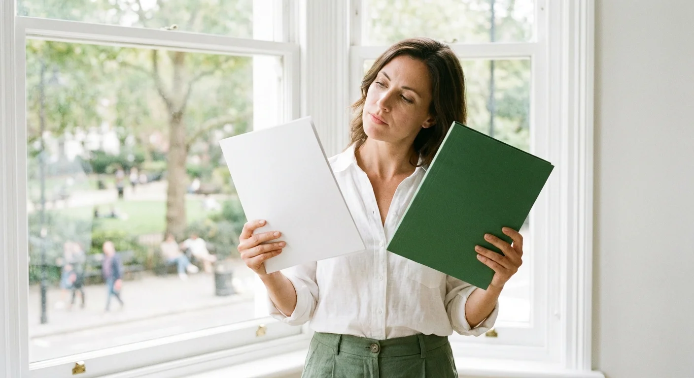 A person comparing two folders in front of a window, symbolizing the evaluation of different employee benefits.