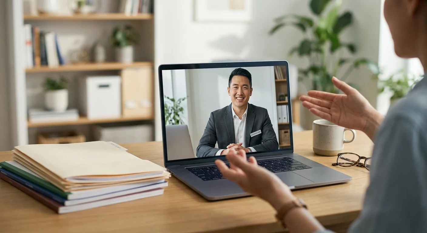 A laptop screen showing a video consultation with a tax professional.