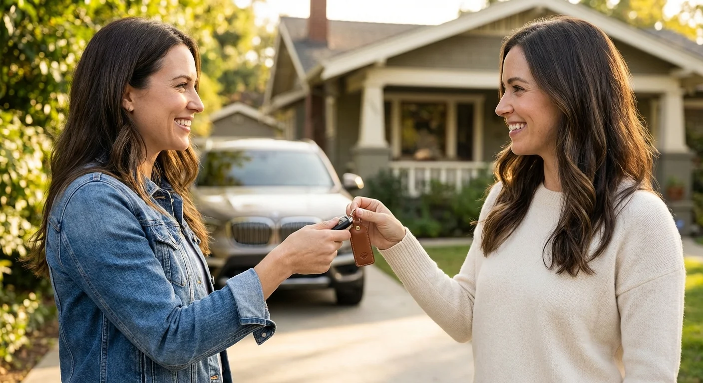 Two friends exchanging car keys in a bright suburban driveway.