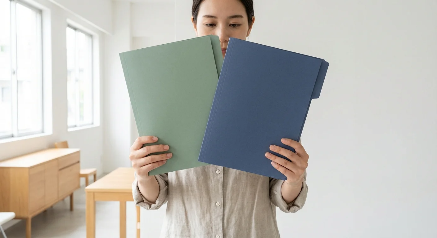 A person holding two folders, symbolizing the comparison between a refund and a bill.