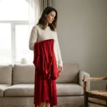A pensive woman in a living room holding a vibrant red silk robe.